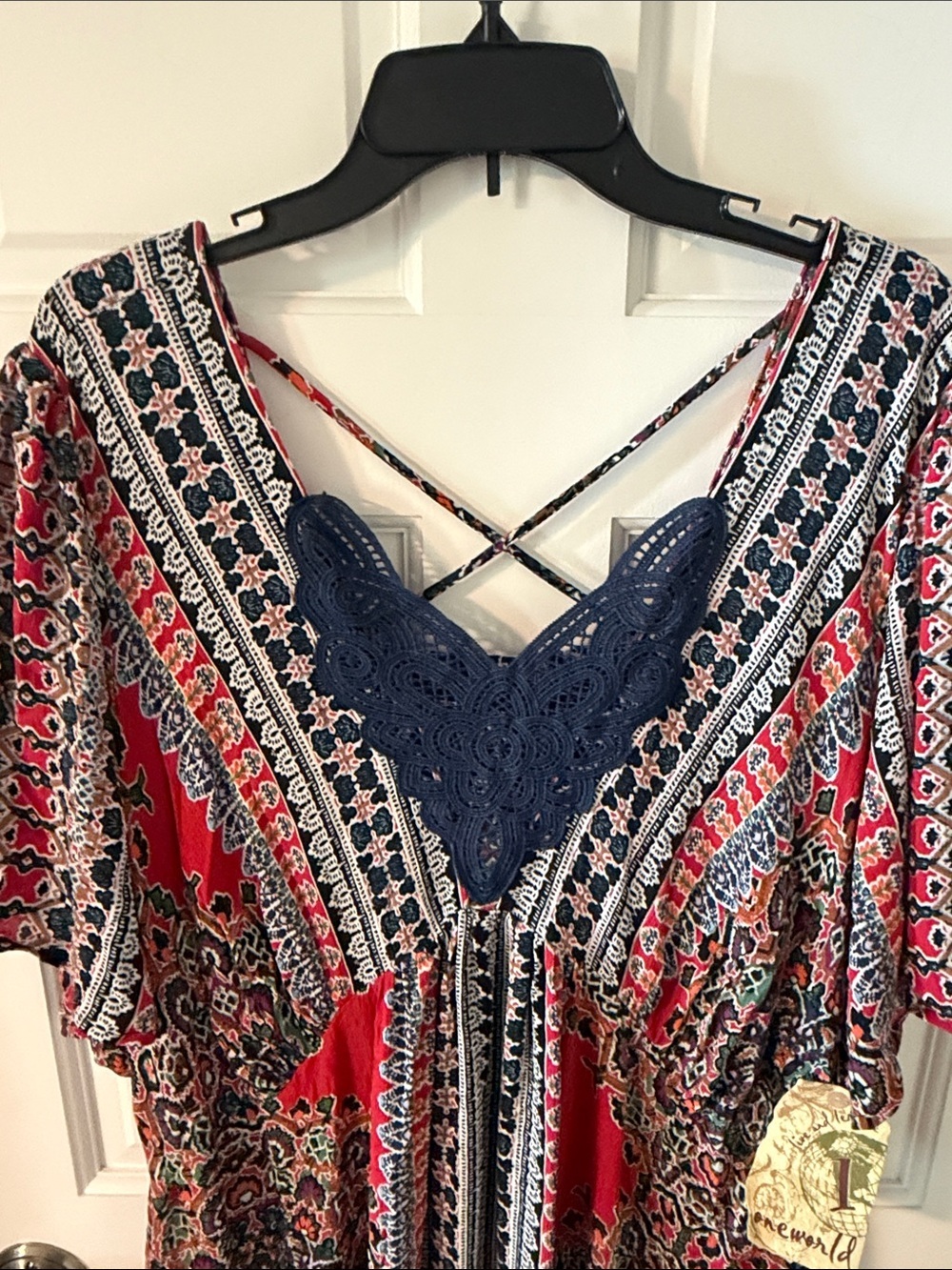 NWT One World Boho Paisley Print Maxi Dress Lace Neckline Strappy Back Size 3X - Picture 2 of 9